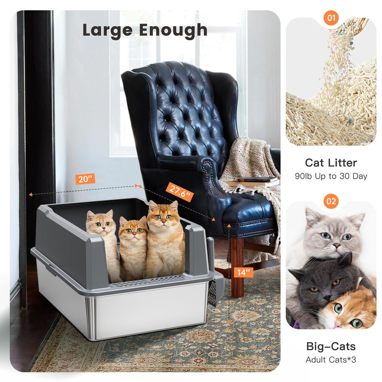 WoofiGo Enclosed Stainless Steel Cat Litter Box with Lid, XL Extra Large Litter Box for Big Cats, Metal Litter Pan High Sided, Never Absorbs Odors, Anti-Urine Leakage, Easy Cleaning, Include Scoop