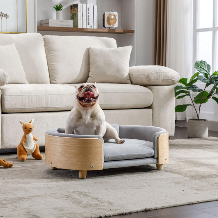 Elevated Dog Bed Pet Sofa with Solid Wood Legs and Bent Soft Backrest, Pet Cat Stool Bed with Velvet Cushion,for Small and Medium Size Dogs Kitten, Dark Gray, Small Size