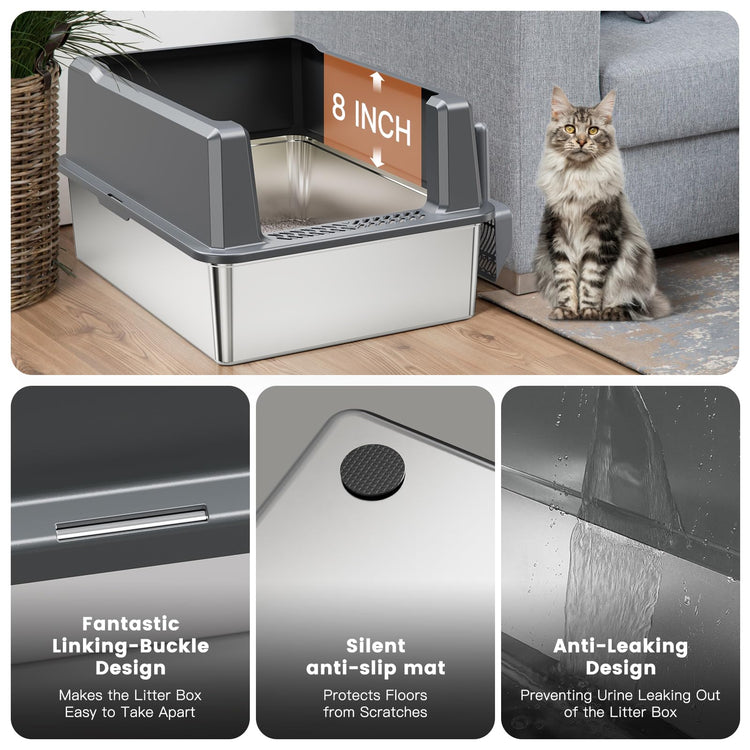 WoofiGo Enclosed Stainless Steel Cat Litter Box with Lid, XL Extra Large Litter Box for Big Cats, Metal Litter Pan High Sided, Never Absorbs Odors, Anti-Urine Leakage, Easy Cleaning, Include Scoop