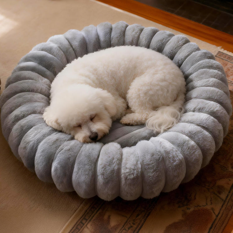 Donut Dog and Cat Bed, Luxurious Comfortable Faux Rabbit Fur Pet Beds, Round Anti-Anxiety Calming Puppy Kitten Bed with Anti-Slip Bottom for Small Medium Dogs & Cats(28", White)