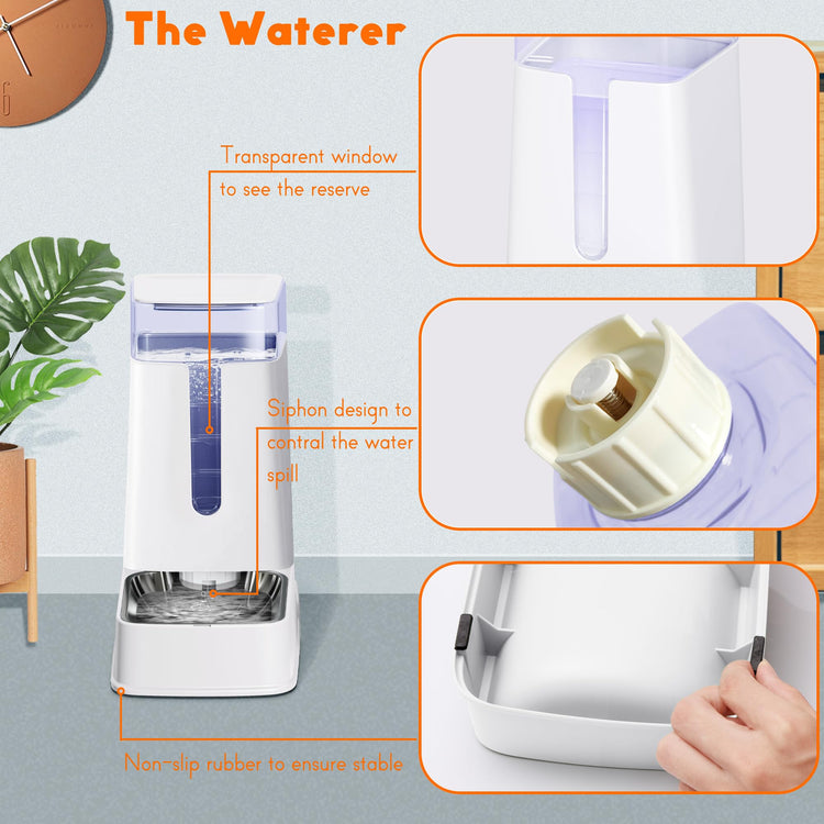 Cat Food Dispenser and Cat Water Dispenser Set with Stainless Steel Bowls Gravity Dog Feeder for Small Medium Big Cat Dog Pet Puppy Kitten, 1 Gallon x 2