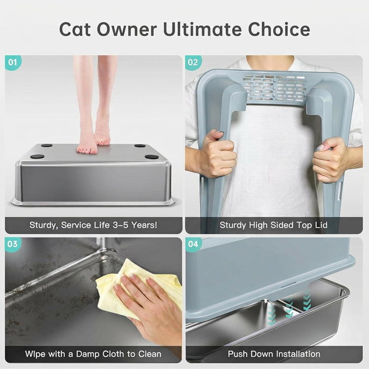 WoofiGo Enclosed Stainless Steel Cat Litter Box with Lid, XL Extra Large Litter Box for Big Cats, Metal Litter Pan High Sided, Never Absorbs Odors, Anti-Urine Leakage, Easy Cleaning, Include Scoop