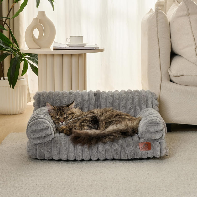 Hollypet Fluffy Dog Cat Bed Pet Couch Beds Plush Soft Warming Machine Washable Puppy Bed with Non-Slip Bottom for Cats and Small Medium Dogs up to 25 lbs, Gray, 24" L x 18" W x 10" Th