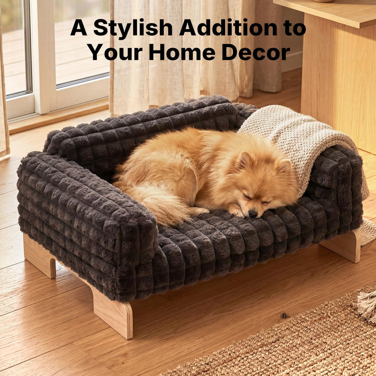 Veehoo Elevated Cat Bed Indoor, Wood Furniture Style Cat Couch Sofa with Removable Washable Cover, Cute & Fluffy Small Cats Bed Furniture for Home