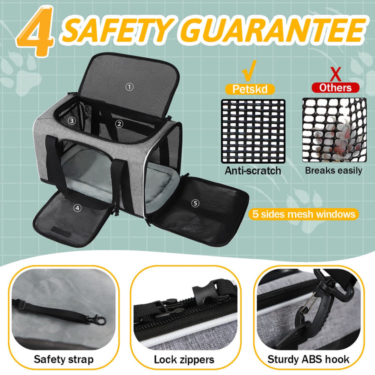Petskd Pet Carrier 17x11x9.5 Alaska Airline Approved,Pet Travel Carrier Bag for Small Cats and Dogs, Soft Dog Carrier for 1-10 LBS Pets,Dog Cat Carrier with Safety Lock Zipper(Black)