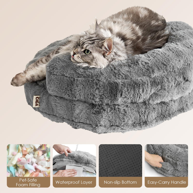 EHEYCIGA Soft Cat Couch Bed for Indoor Cats, Fluffy Small Dog Bed with Removable Washable Cover, Bolster Pet Sofa, Waterproof and Non-Slip, 23" x 23"x 7", Cream