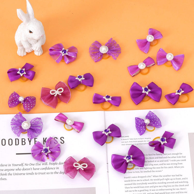 20 PCS Cute Dog Hair Bows with Rubber Bands Elastic Handmade Mix Style Lace Rhinestone Pearls for Furry Puppy Cat Pet Girl, Pink