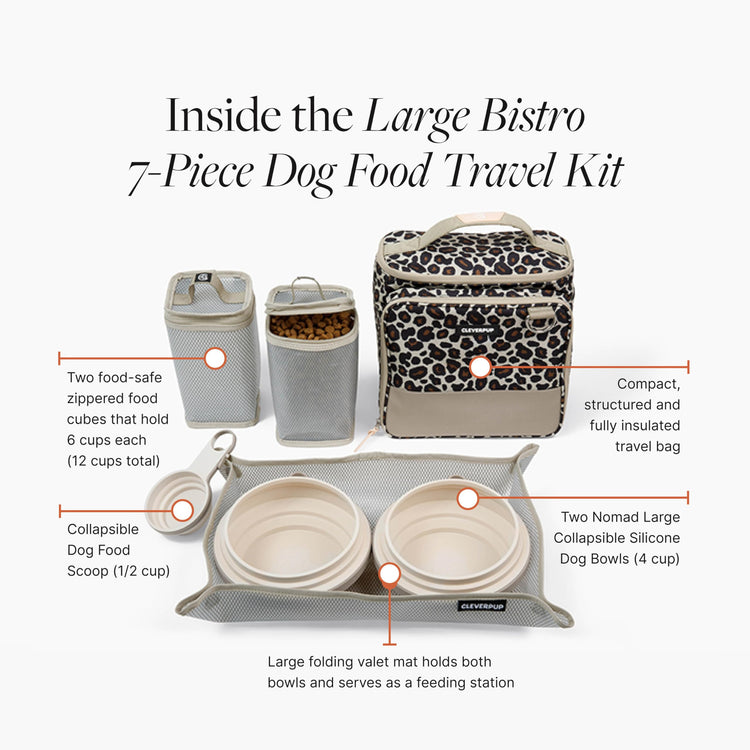 Cleverpup, Large 7-Piece Bistro Box Dog Food Travel Kit, 12-Cup Kibble Storage, 2 Silicone Bowls, Mat & Scoop - Premium Portable Pet Food Kit for Weekends, Overnights, Daycare & Camping, Checkerboard