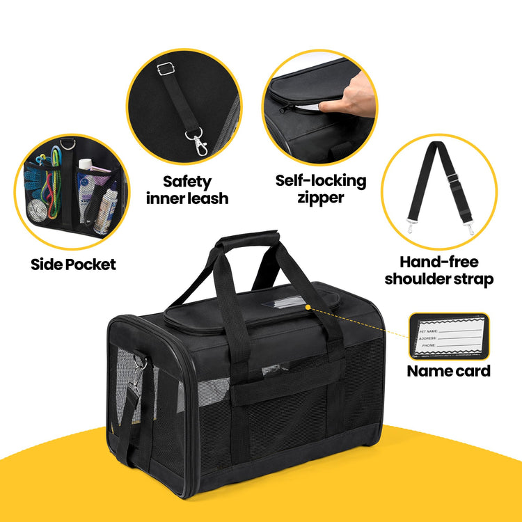 Conlun Cat Carrier Airline Approved, Soft-Sided Dog Carrier with Inner Safety Leash, Pet Transport Carrier for Small-Medium Cats Puppies up to 15 Lbs, Collapsible Travel Kitten Carrier Bag -BlackM