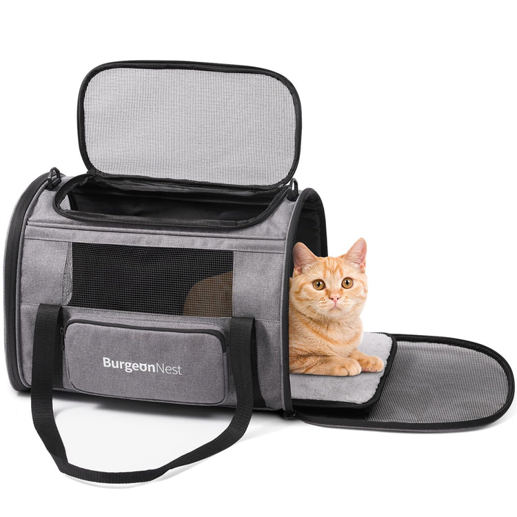 BurgeonNest Cat Carrier for Large Cats 20 lbs, Soft-Sided Pet Carrier for Small Dogs Medium Puppy Under 25 lbs, Puppy Travel Bag with Big Storage Bag, 4 Ventilated Windows, 3 Doors