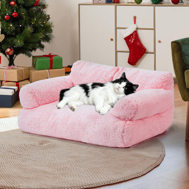 Large Cat Beds for Indoor Cats, Dog Couch Bed, Cute Cat Couch Sofas for Less 20lbs Kitten Puppy, Small Dog Sofas & Chairs with Removable Washable Cover, Soft Warm Pet Furniture, Cream