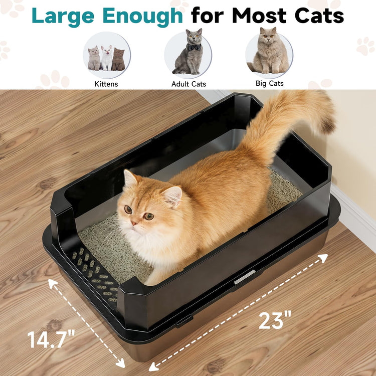 TENTIZON Stainless Steel Cat Litter Box with Lid, Large Covered Enclosed Kitty Litterbox with Hood, Flip Top, High Side, Litter Mat, Scoop for Big Cats, Kitten, No Odor, No Mess, Easy Clean, Grey