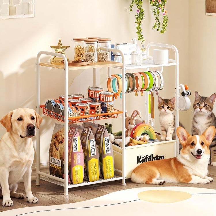 KAFAHOM Dog Toy Basket with Collar Leash Holder Hooks, Large Pet Bin, Dog Toy Box for Living Room Area, Cat Stuff Storage Organizer with Cabinet and Can Dispenser, Great Gifts for Pet Lovers