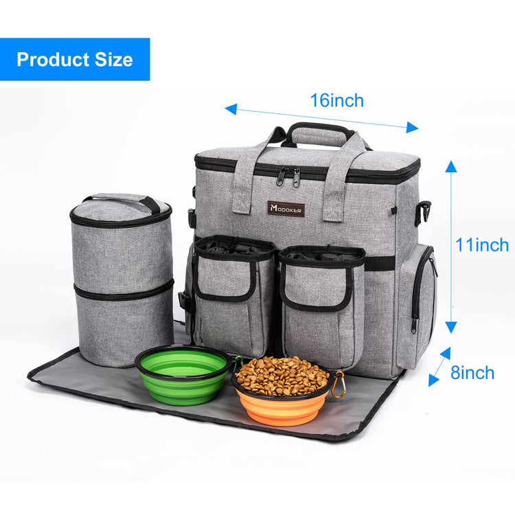 Modoker Dog Travel Bag Backpack, Airline Approved Pet Accessories Organizer for Dog and Cat with Shoulder Strap, 2 Dog Food Storage Containers, 2 Collapsible Dog Bowls,1 Pet Mat, Grey