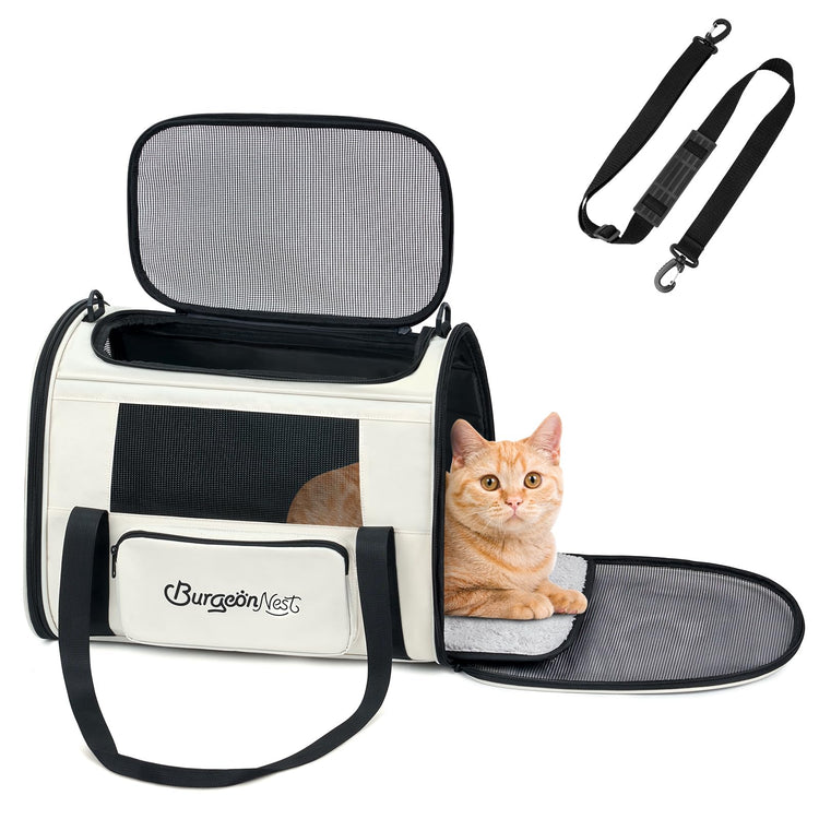 BurgeonNest Cat Carrier for Large Cats 20 lbs, Soft-Sided Pet Carrier for Small Dogs Medium Puppy Under 25 lbs, Puppy Travel Bag with Big Storage Bag, 4 Ventilated Windows, 3 Doors