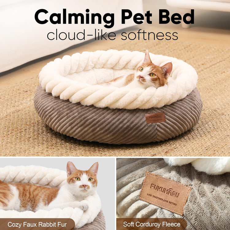FUKUMARU Cat Bed, Calming Donut Dog Beds, Plush Faux Fur&Corduroy Kitten Beds, Cute Round Washable Pet Bed for Large Cats and Puppy, Cat Cave with Anti-Slip Bottom, 21inch, Camel