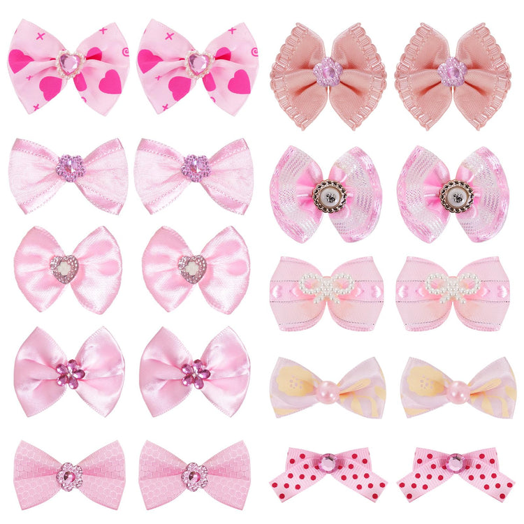20 PCS Cute Dog Hair Bows with Rubber Bands Elastic Handmade Mix Style Lace Rhinestone Pearls for Furry Puppy Cat Pet Girl, Pink