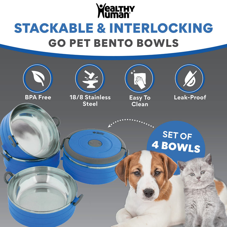 Healthy Human Travel Pet Bento Bowls - Human-Grade Stainless Steel & BPA-Free, Leak-Proof Water & Food Container Set for Dogs & Cats, 4-Pack Interlocking Bowls, Includes Spare Clips & Handle (Pink)