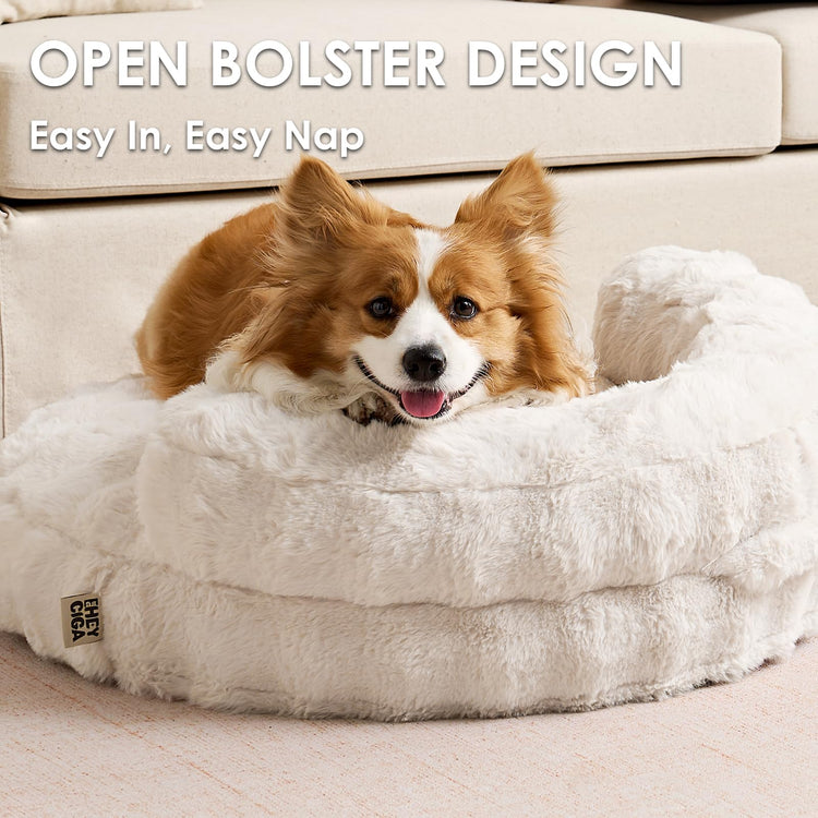 EHEYCIGA Soft Cat Couch Bed for Indoor Cats, Fluffy Small Dog Bed with Removable Washable Cover, Bolster Pet Sofa, Waterproof and Non-Slip, 23" x 23"x 7", Cream