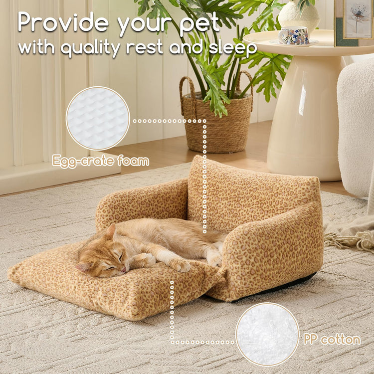 Hollypet Cat Bed Fluffy Plush Multifunctional Double-Layer Machine Washable Soft Warming Kitty Pet Couch Orthopedic Nest Beds for Small Cats Kitten and Dogs up to 13lbs, Khaki(25x20x13 inch)