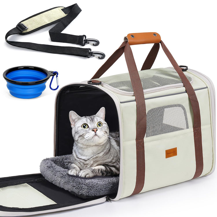 Morpilot Pet Carrier for Large Cats, Puppies & Small Dogs Up to 25lbs, Escape-Proof with Locking Zippers, Dual-Sided Cushion, Safety Buckle for Car & Vet Travel, Includes Foldable Bowl (Dark Gray)