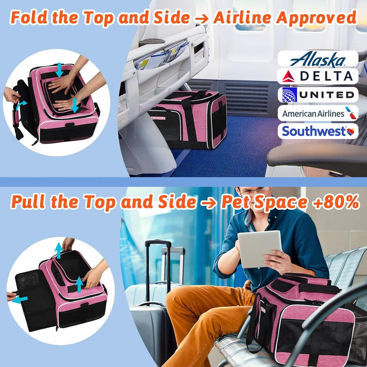 Petskd Top and Side Expandable Pet Carrier 18x11x11 Inches Delta United Airline Approved, Soft-Sided Carrier for Small Cats and Dogs with Locking Safety Zippers and Anti-Scratch Mesh(Black)