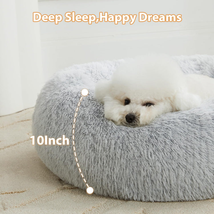 WNPETHOME Calming Dog Bed & Cat Bed, Anti-Anxiety Donut Small Dog Bed, Fluffy Faux Fur Cats Cushion Puppy Bed for Small Pets and Cats (24 x 24 inch, Light Coffee)