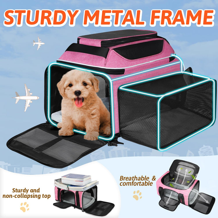 Petskd Top and Side Expandable Pet Carrier 18x11x11 Inches Delta United Airline Approved, Soft-Sided Carrier for Small Cats and Dogs with Locking Safety Zippers and Anti-Scratch Mesh(Black)