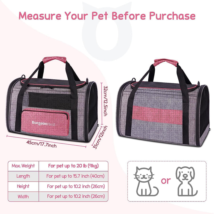 BurgeonNest Cat Carrier for Large Cats 20 lbs, Soft-Sided Pet Carrier for Small Dogs Medium Puppy Under 25 lbs, Puppy Travel Bag with Big Storage Bag, 4 Ventilated Windows, 3 Doors