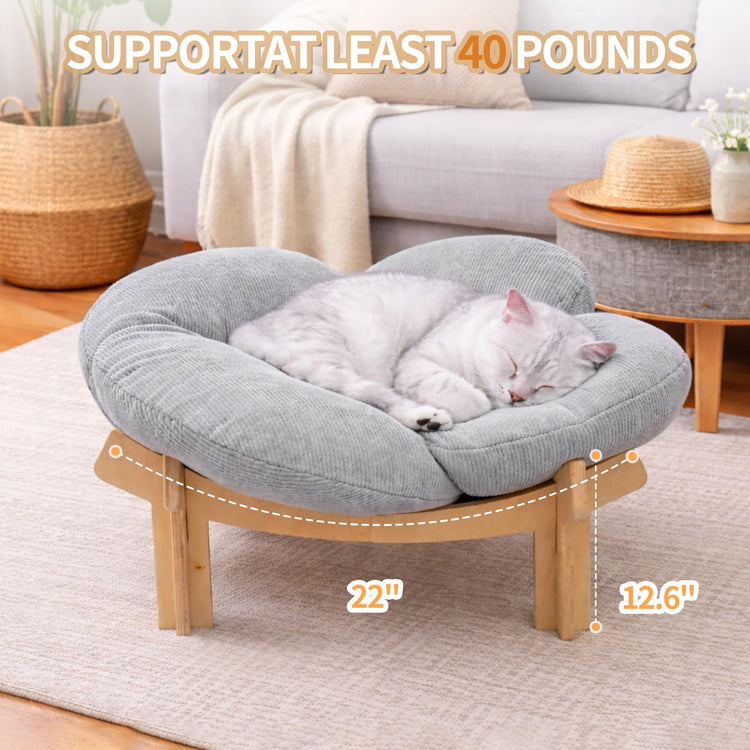 Elevated Wooden Cat Bed with Fluffy Removable Cushion, Modern Petal Shaped Cat Couch Sofa for Indoor Cats Small Dogs 40lbs Capacity Easy to Assemble (White)