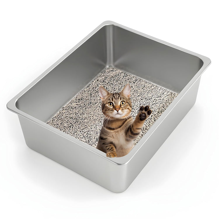 Kirecoo Stainless Steel Cat Litter Box - Metal High Sided Cat Pan, Large Stainless Steel Box, Indoor Litter Tray, Non Stick, No Smell, Easy to Clean, Pet Toilet Supplies for Kitten, Kitty, Rabbit