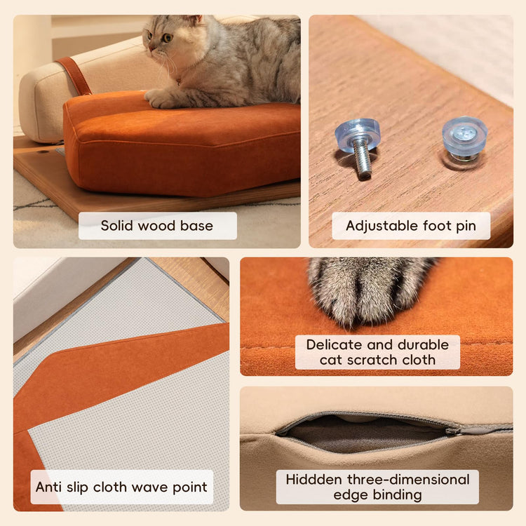 GDFStudio 27.6" Wooden Pet Bed for Cats and Dogs, Oak Veneer Frame with Washable Cushion, Scratch-Resistant Fabric, Elevated Pet Sofa Bed with Hanging Toy and Non-Slip Feet for Medium to Large Pets