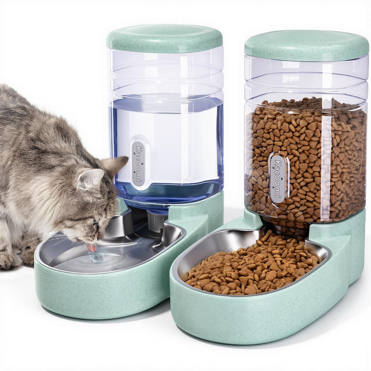 Kacoomi Automatic Dog Cat Feeder and Water Dispenser Gravity Food Feeder and Waterer Set with Pet Food Bowl for Small Medium Dog Puppy Kitten, Large Capacity 1 Gallon x 2