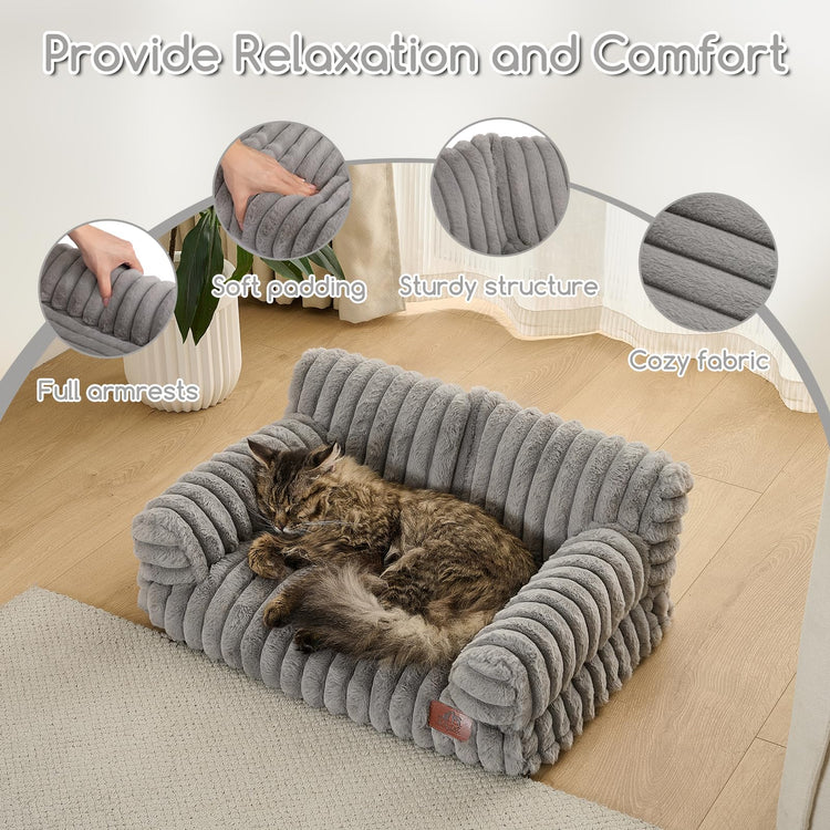 Hollypet Fluffy Dog Cat Bed Pet Couch Beds Plush Soft Warming Machine Washable Puppy Bed with Non-Slip Bottom for Cats and Small Medium Dogs up to 25 lbs, Gray, 24" L x 18" W x 10" Th
