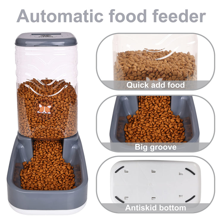 Elevon Automatic Cat Feeder, Gravity Food and Water Dispenser Bowl Set for Small Medium Dogs Animals, Pet Feeder Dispenser Storage Food, 3.8L Large Capacity, White & Gray