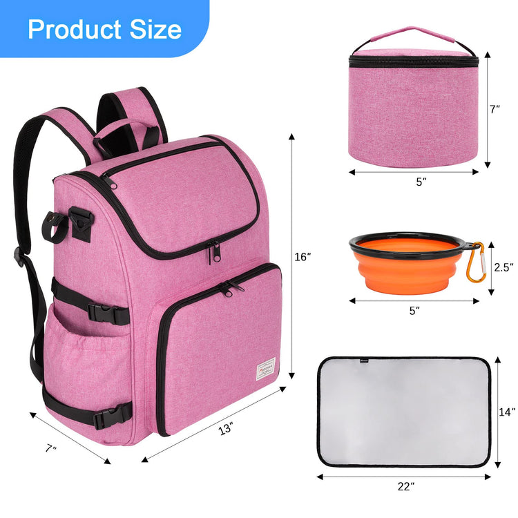Modoker Dog Travel Bag Backpack, Airline Approved Pet Accessories Organizer for Dog and Cat with Shoulder Strap, 2 Dog Food Storage Containers, 2 Collapsible Dog Bowls,1 Pet Mat, Grey
