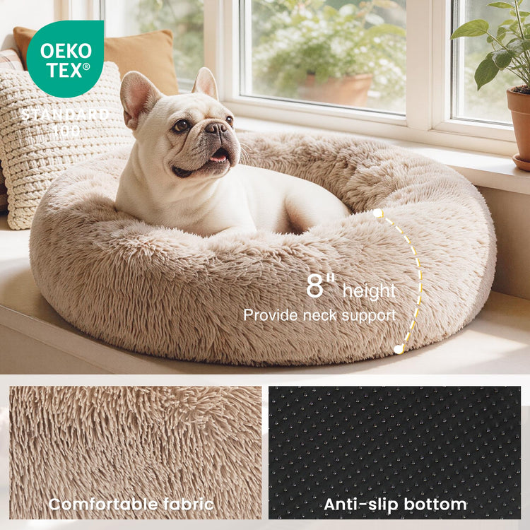 Love's cabin Calming Dog & Cat Bed, Cat Bed for Indoor Cats, Anti-Anxiety Donut Round Bed, Fluffy Warming Pet Bed for Small Medium Dogs and Cats, Beige Taupe 20"/24"