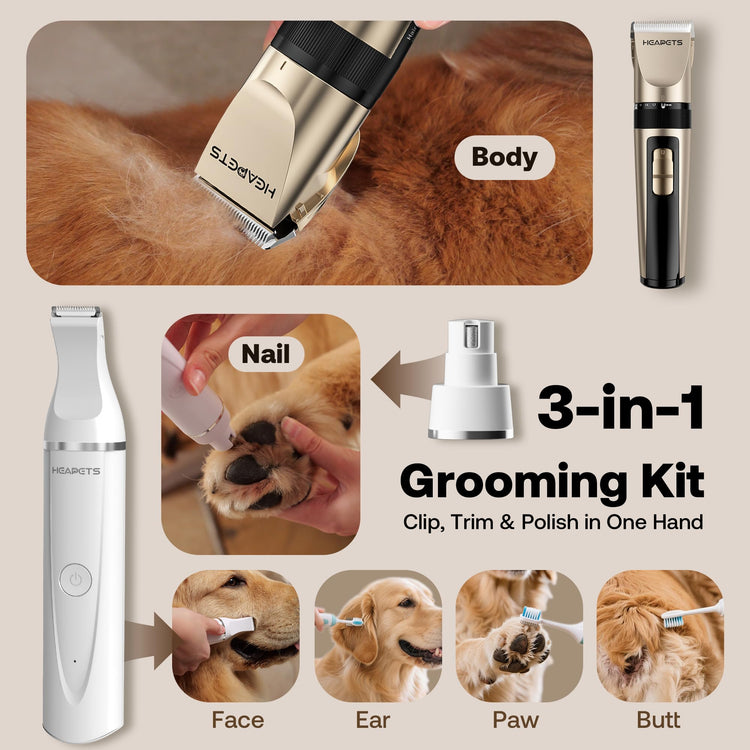HEAPETS Dog Hair Clippers for Grooming Kit and Dog Paw Trimmer Nail Grinder for Grooming, Low Noise Rechargeable Cordless, Shaver Grooming Supplies for Pet Cats Dogs (Black, White)
