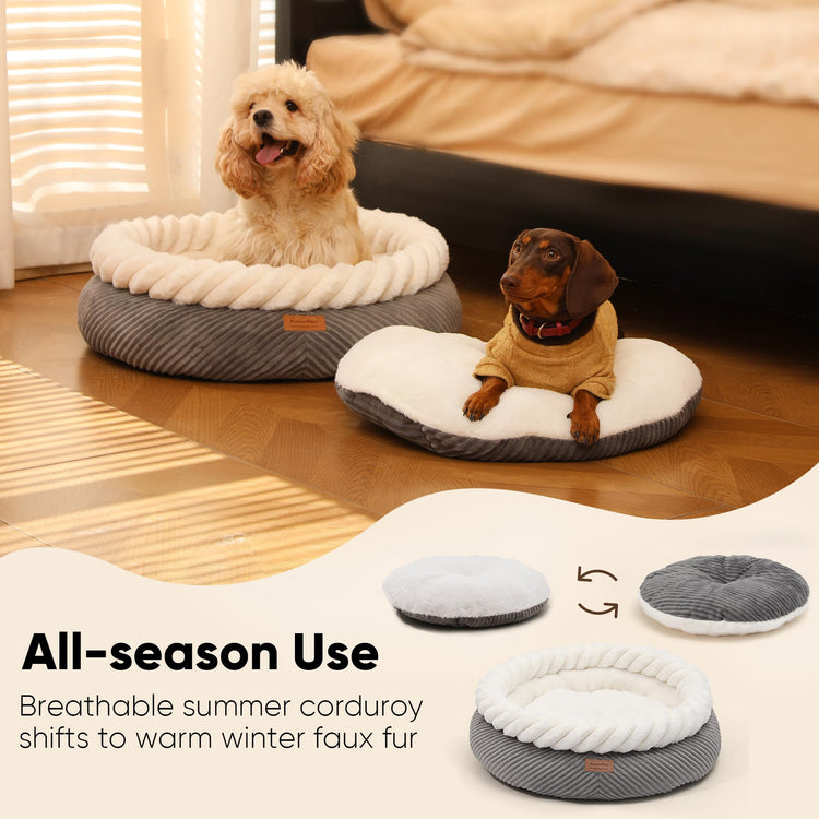 FUKUMARU Cat Bed, Calming Donut Dog Beds, Plush Faux Fur&Corduroy Kitten Beds, Cute Round Washable Pet Bed for Large Cats and Puppy, Cat Cave with Anti-Slip Bottom, 21inch, Camel