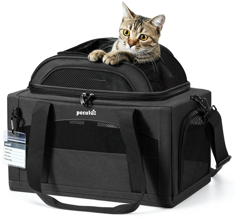 Pecute Expandable Pet Carrier Airline Approved Dog Cat Carrier, Breathable Soft-Sided with Locking Zippers, Pet Travel Bag for Small Dog Cat Anti-Scratch Mesh Leakproof Pee Pad (Dark Gray)