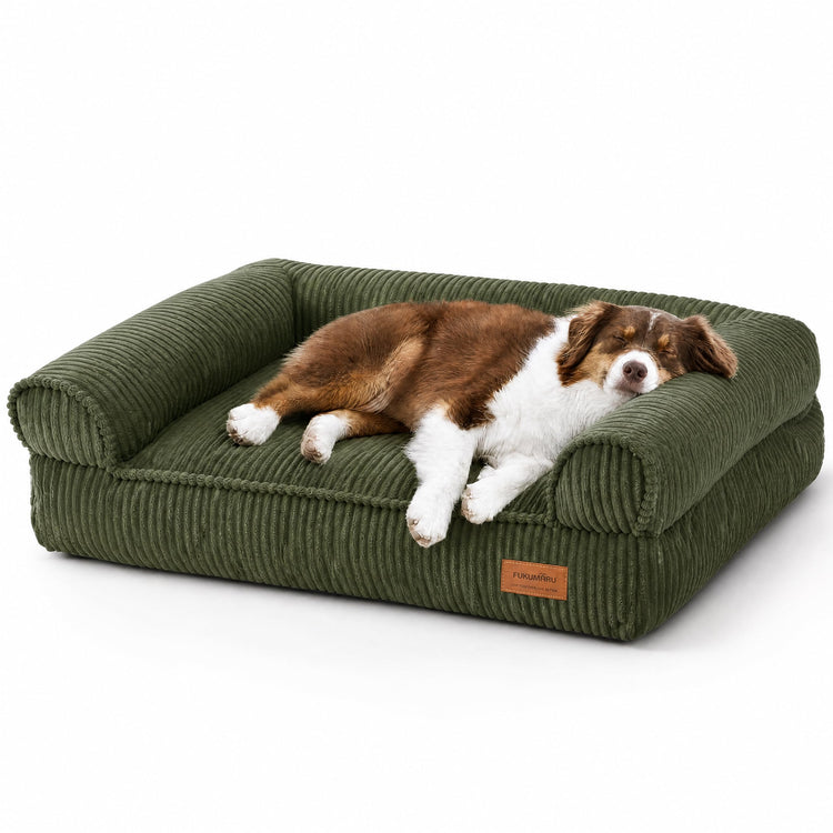 FUKUMARU Dog Couch Bed, Corduroy Cozy Cat Bed for Indoor Cats with Washable Cover, 28in Waterproof Orthopedic Dog Beds Sofa for Small Dogs and Large Cats, Cute Warm Cotton Pet Sofa, Green