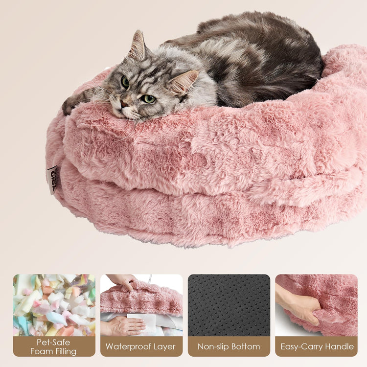 EHEYCIGA Soft Cat Couch Bed for Indoor Cats, Fluffy Small Dog Bed with Removable Washable Cover, Bolster Pet Sofa, Waterproof and Non-Slip, 23" x 23"x 7", Cream