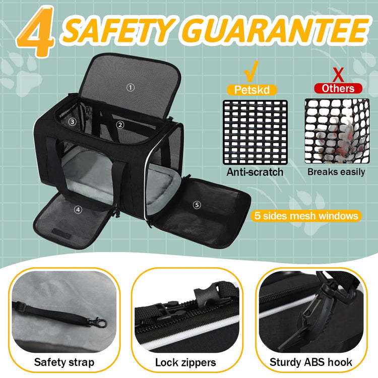 Petskd Pet Carrier 17x11x9.5 Alaska Airline Approved,Pet Travel Carrier Bag for Small Cats and Dogs, Soft Dog Carrier for 1-10 LBS Pets,Dog Cat Carrier with Safety Lock Zipper(Black)