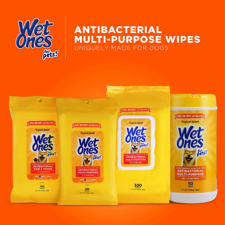 Wet Ones for Pets Paw and Tushie Dog Wipes with Chamomile, Tropical Splash Scent - Cleansing Grooming Wipes for Dog Paws and Butt Between Baths, Wet Lock Seal, 30 Count