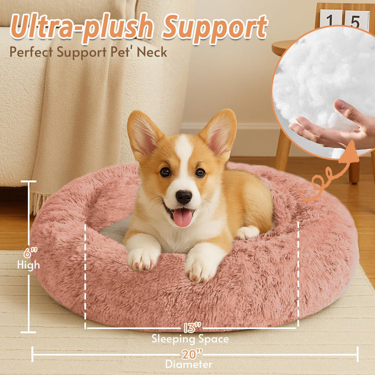 JOLLYVOGUE Small Dog Bed, Calming Dog Beds for Small Dogs & Indoor Cats - 20 Inches Donut Washable Cat Bed for Kittens & Puppies, Round Fluffy Plush Faux Fur Pet Beds(Smoke Grey)