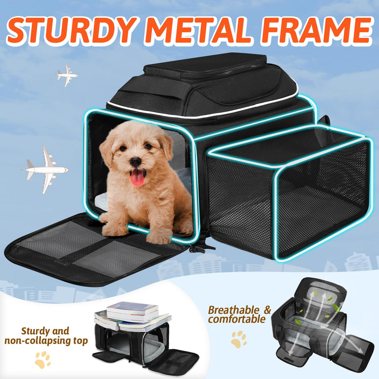 Petskd Top and Side Expandable Pet Carrier 18x11x11 Inches Delta United Airline Approved, Soft-Sided Carrier for Small Cats and Dogs with Locking Safety Zippers and Anti-Scratch Mesh(Black)