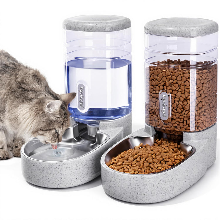 Kacoomi Automatic Dog Cat Feeder and Water Dispenser Gravity Food Feeder and Waterer Set with Pet Food Bowl for Small Medium Dog Puppy Kitten, Large Capacity 1 Gallon x 2