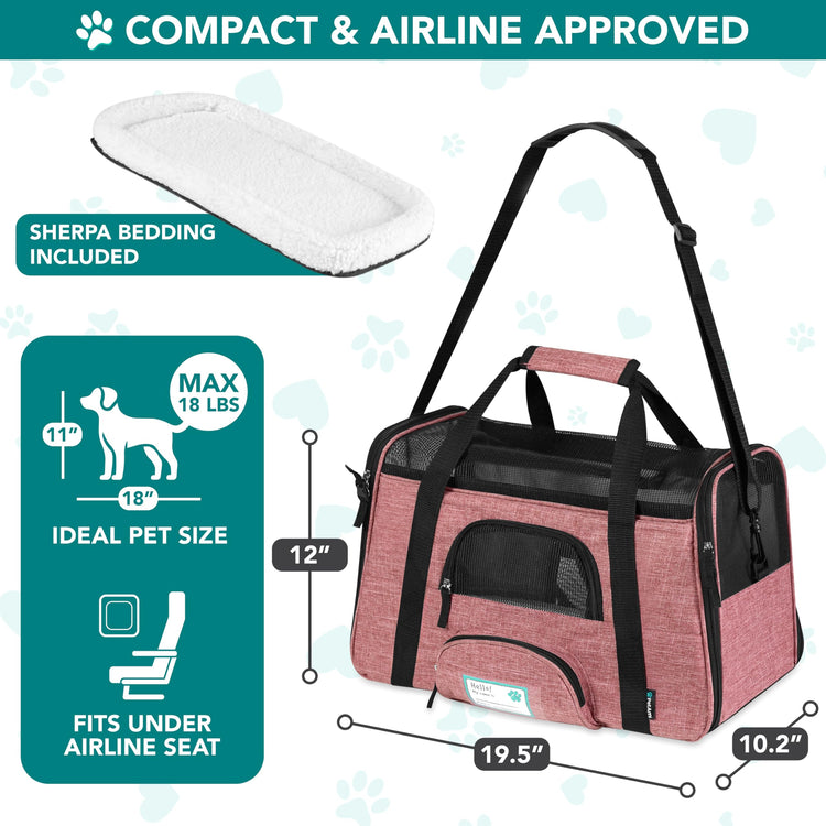 PetAmi Airline Approved Pet Carrier for Cats & Small Dogs, Soft Sided TSA Travel Carrier Bag with Sherpa Bed, Breathable Mesh Ventilation, Collapsible Bowl, Fits Under Seat, Up to 18 lbs, Small Pink