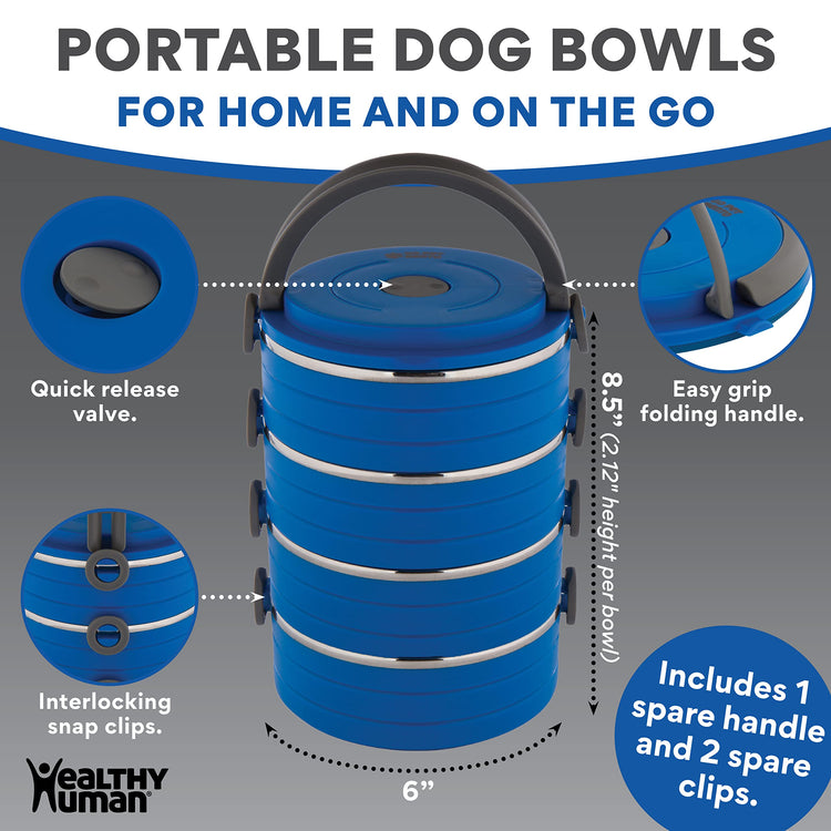 Healthy Human Travel Pet Bento Bowls - Human-Grade Stainless Steel & BPA-Free, Leak-Proof Water & Food Container Set for Dogs & Cats, 4-Pack Interlocking Bowls, Includes Spare Clips & Handle (Pink)