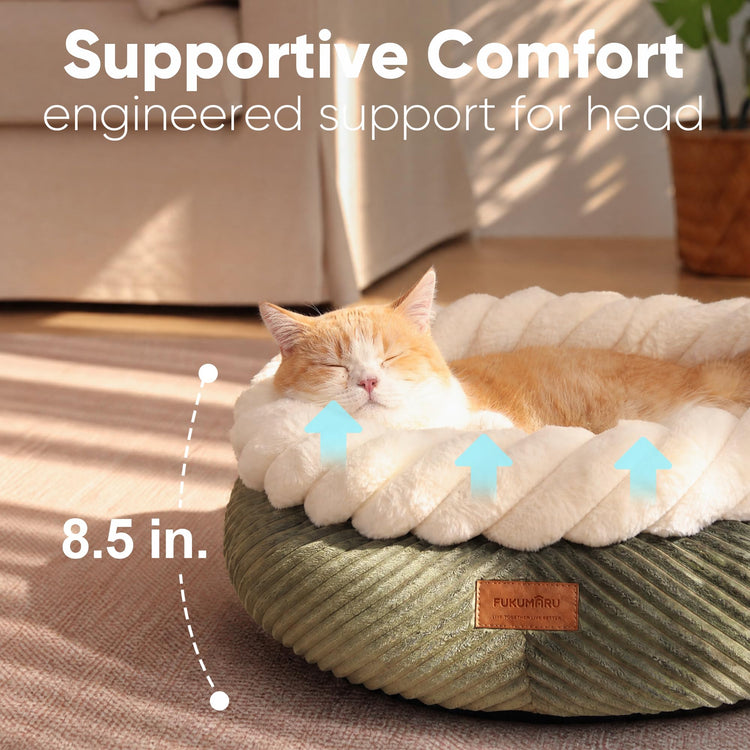 FUKUMARU Cat Bed, Calming Donut Dog Beds, Plush Faux Fur&Corduroy Kitten Beds, Cute Round Washable Pet Bed for Large Cats and Puppy, Cat Cave with Anti-Slip Bottom, 21inch, Camel